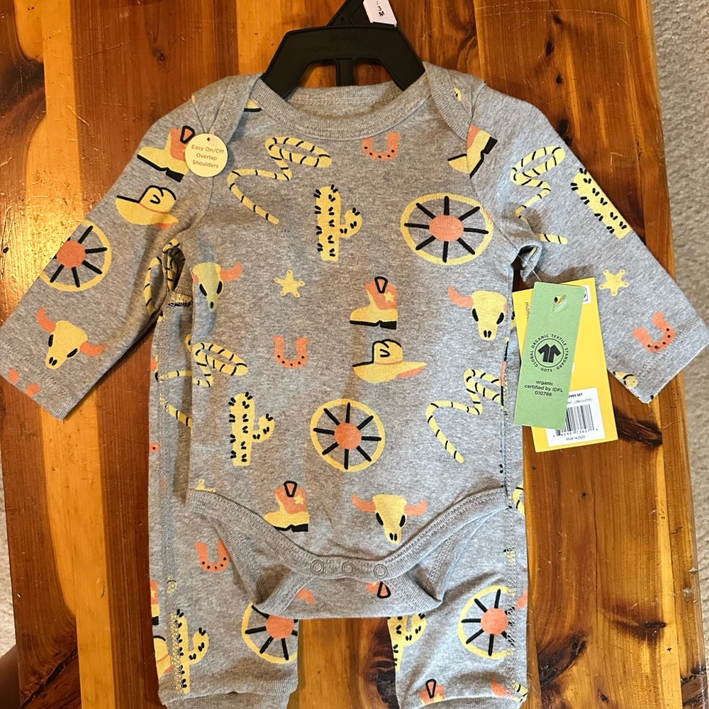 M+A Organic Gray Baby Onesie with Western Print